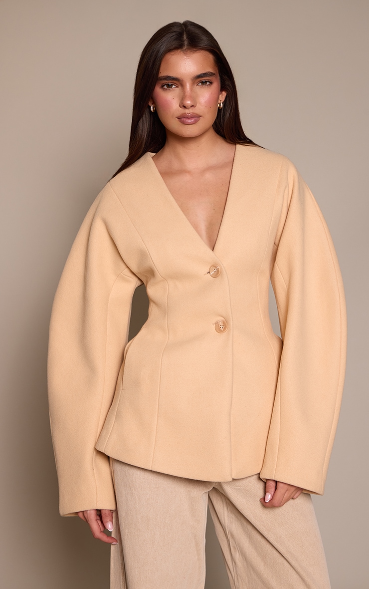 Taupe Collarless Cocoon Sleeve Blazer image 1