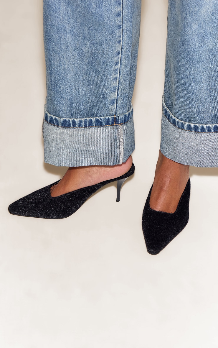 Black Pony Hair Squared Chiseled Toe Court Mules image 1
