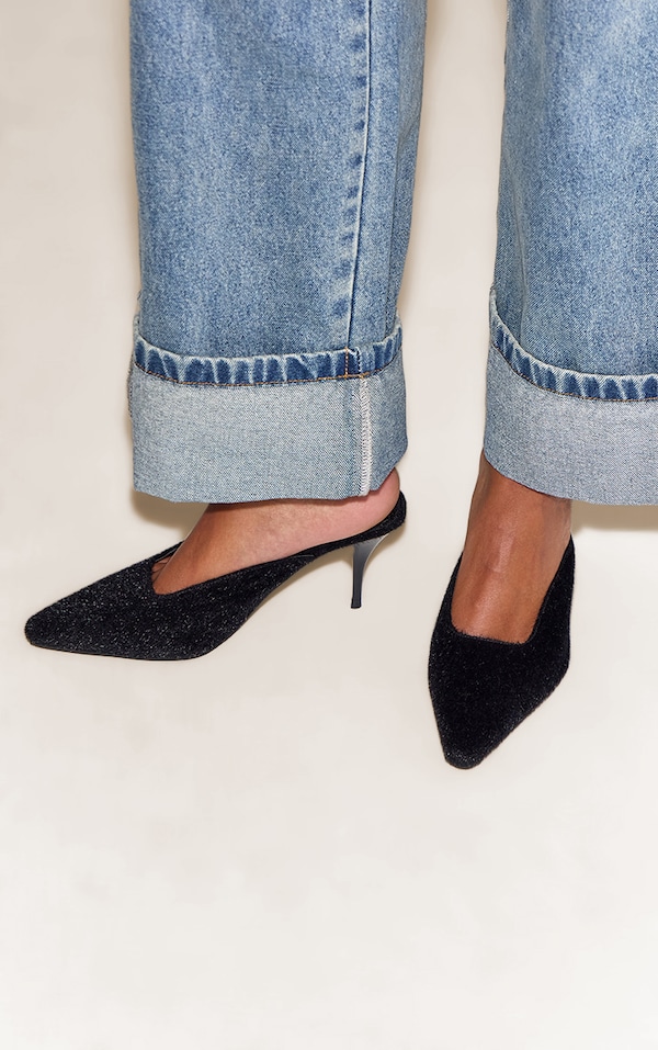 Black Pony Hair Squared Chiseled Toe Court Mules