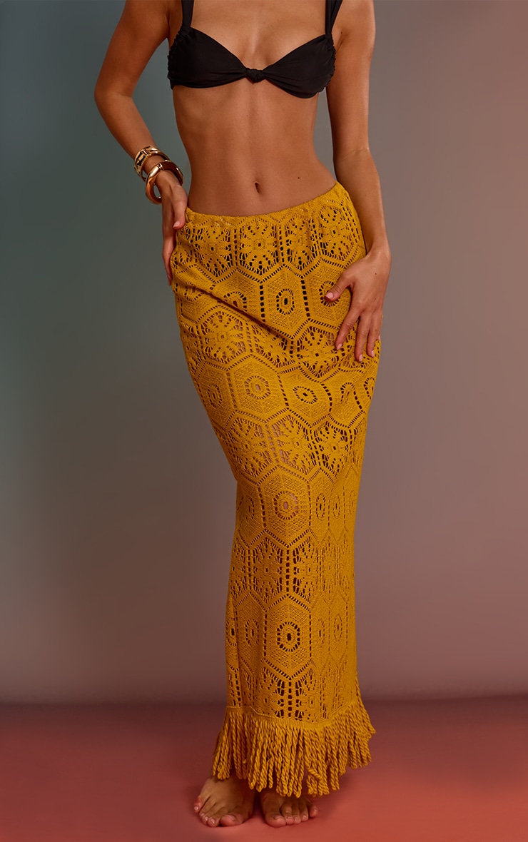 Mustard Crochet Tassel Hem Maxi Beach Maxi Skirt image 2