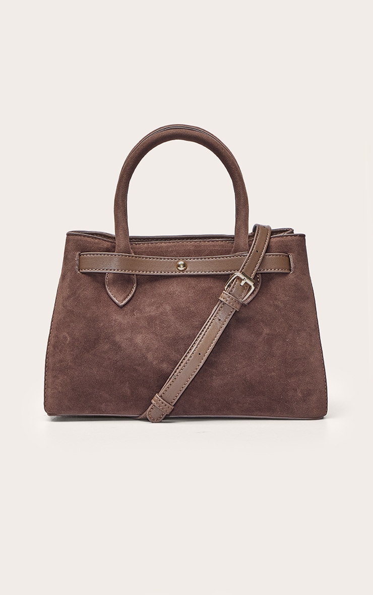 Chocolate Faux Suede Gold Hardware Hand Bag image 4