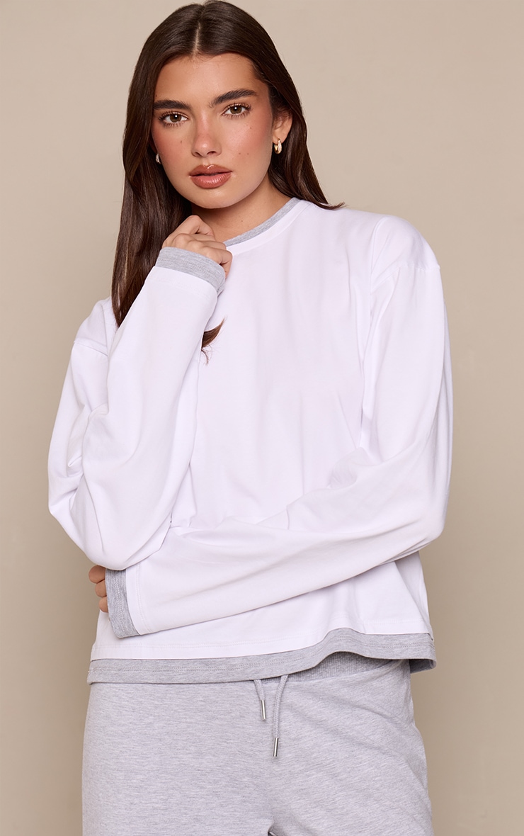 White Double Layered Detail Long Sleeve T-Shirt