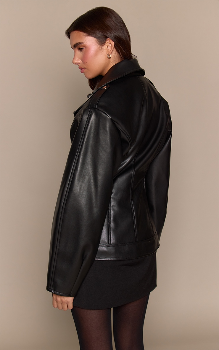 Black Cinched Waist Faux Leather Biker Jacket  image 2