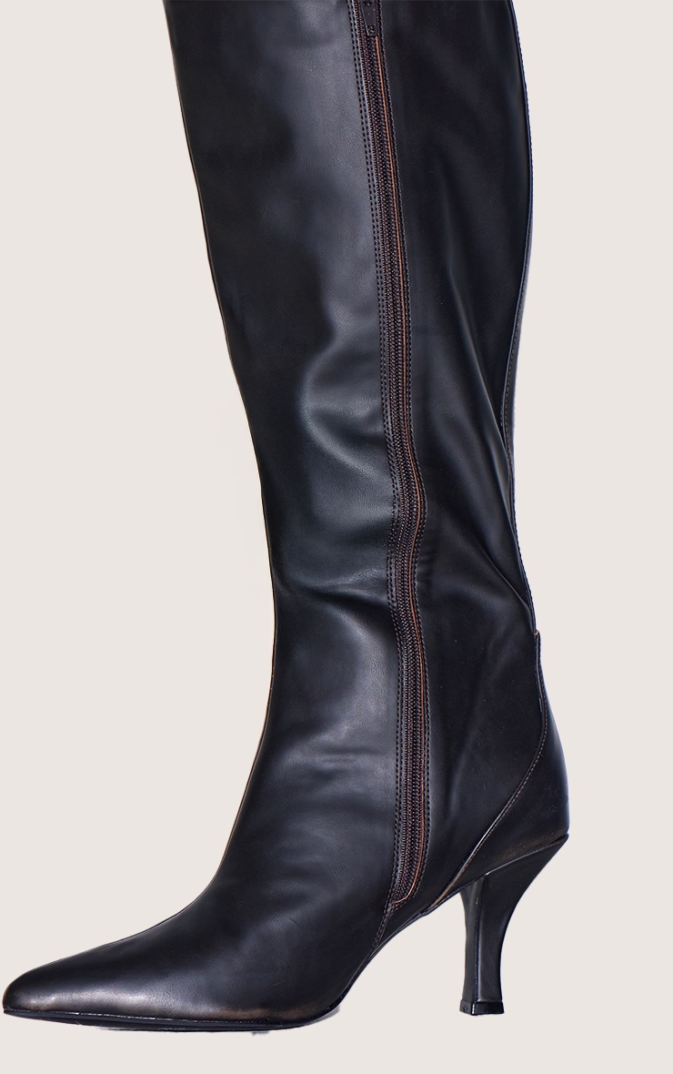 Black Burnish Wide Fit Pu Point Toe High Stiletto Heel Knee High Boots image 4