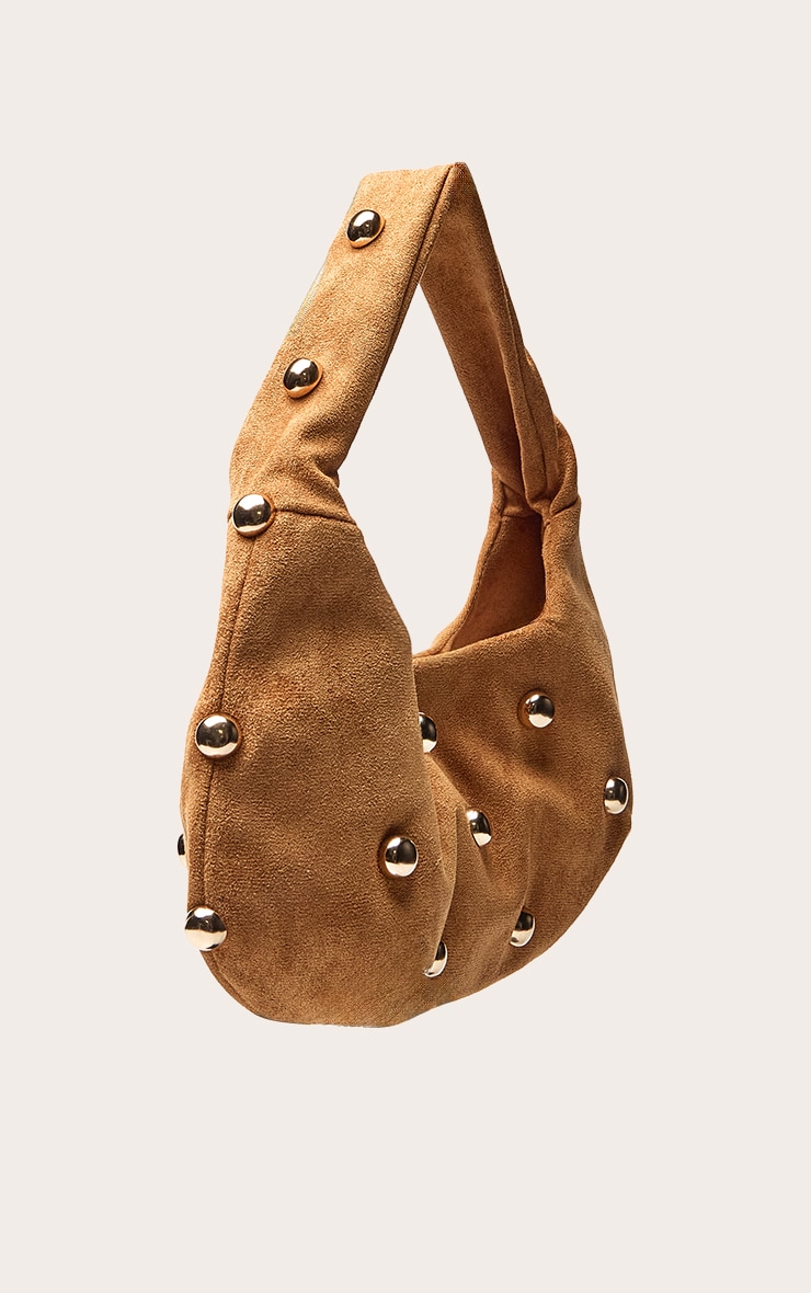 Tan Faux Suede Gold Studded Shoulder Bag image 3