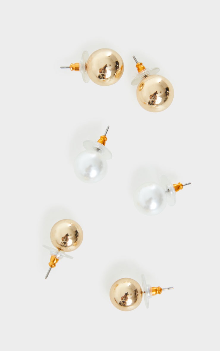 Gold And White Pearl Assorted Stud Earrings