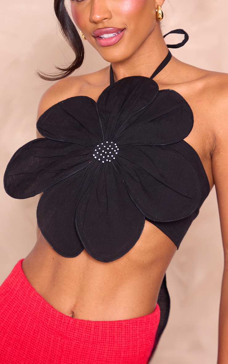 Black Linen Look Floral Diamante Tie Back Crop Top image 4