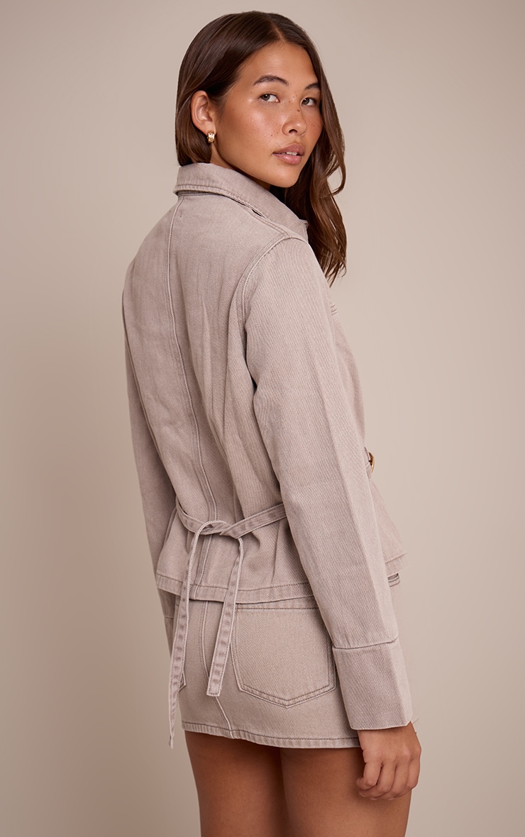 Stone Concealed Placket Crop Belted Denim Jacket image 2