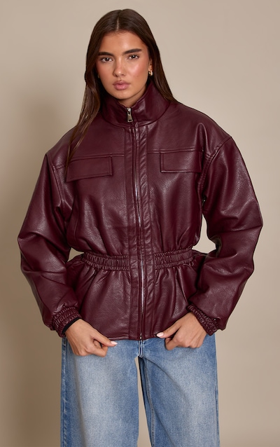Chocolate Plum High Neck Cinched Waist Faux Leather Jacket