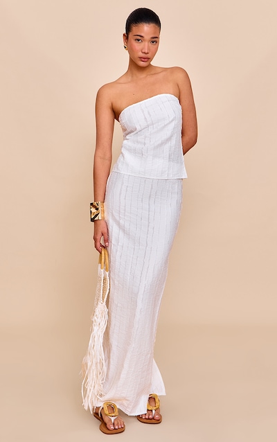 White Textured Frayed Mid Rise Maxi Skirt