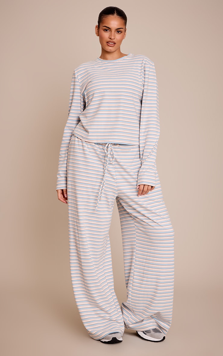 Plus Light Blue Striped Soft Fleece Straight Leg Sweatpants image 1