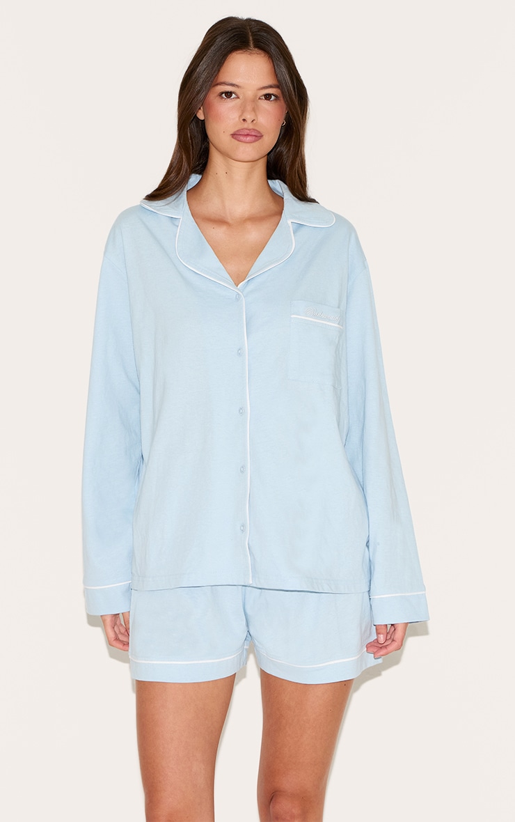 Baby Blue Bridesmaid Embroidered Jersey Piping Short Pj Set image 1