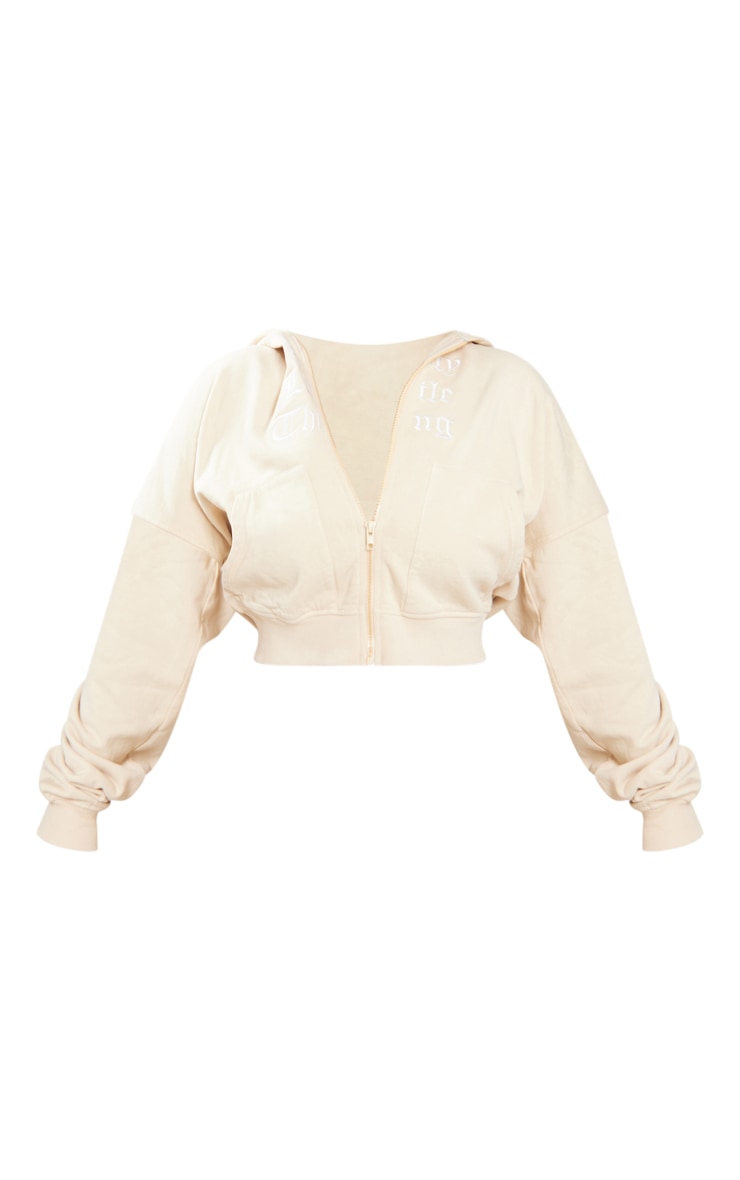 PRETTYLITTLETHING Shape Off White Printed Zip Through Washed Hoodie image 1