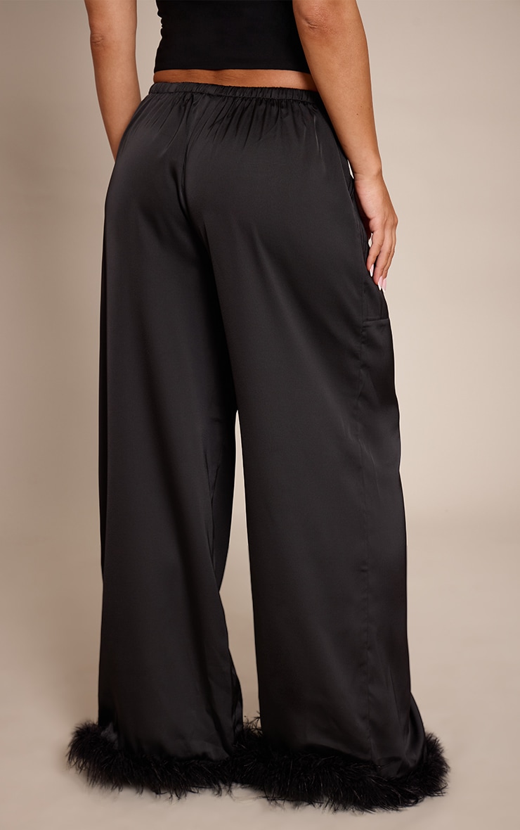 Black Satin Low Rise Wide Leg Drawstring Feather Hem Pants image 3