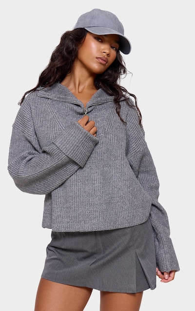 Pull en maille épaisse gris anthracite chiné à demi-zip