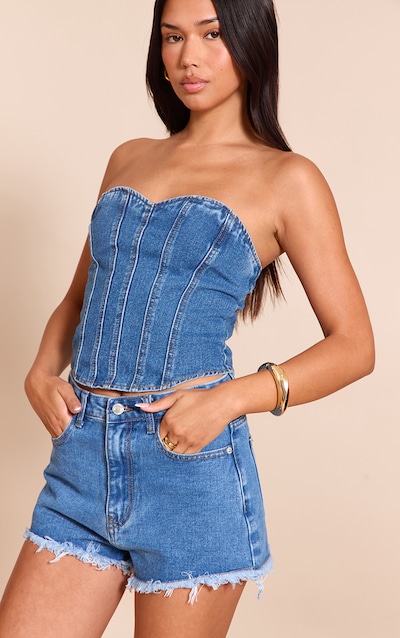 Mid Blue Wash Denim Frayed Hem Shorts