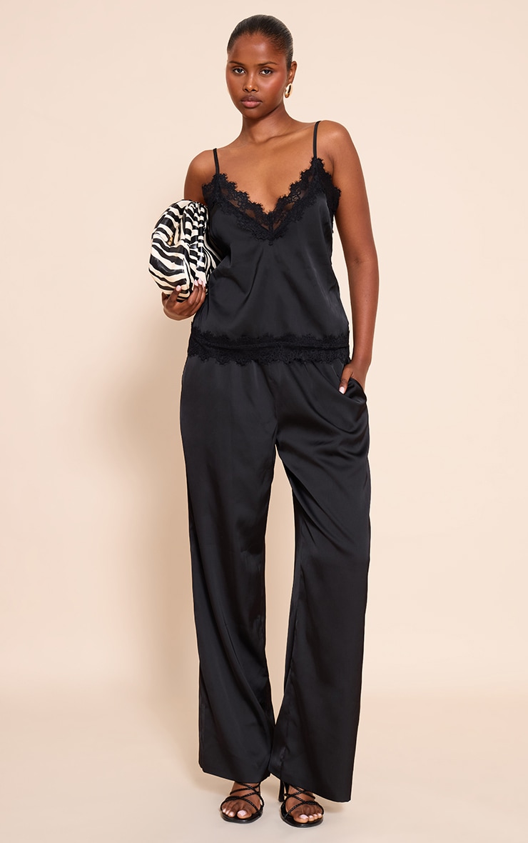 Black Satin V Neck Trim Detail Cami Top image 3