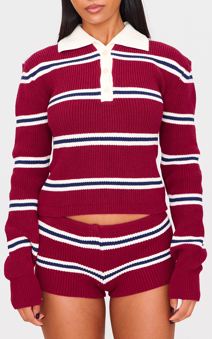 Burgundy Stripe Button Through Thick Rib Knit Rugby Shirt image 5