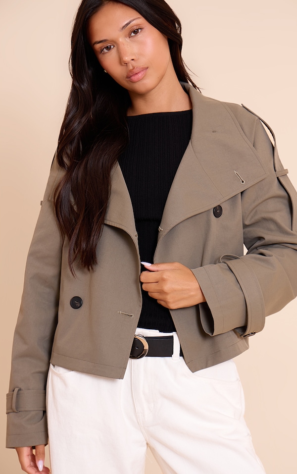 Olive Double Breasted Funnel Neck Cropped Trench Coat
