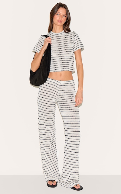 Navy Striped Textured Casual Pants