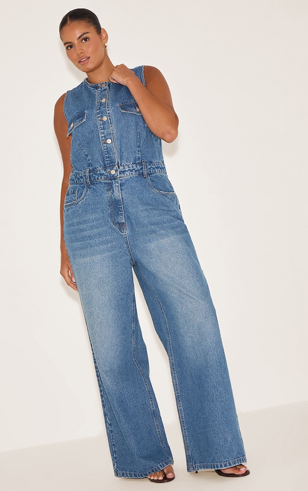 Plus Mid Blue Wash Sleeveless Shirt Denim Jumpsuit