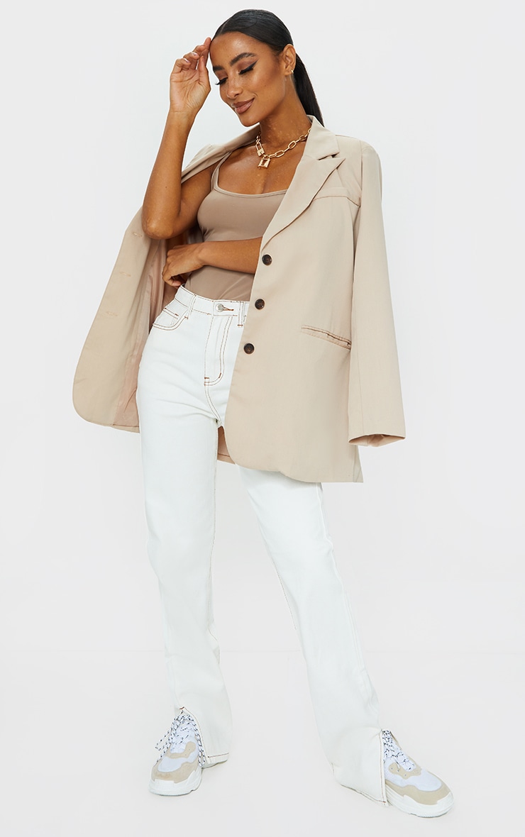 Ecru Contrast Stitch Split Hem Straight Leg Jeans
