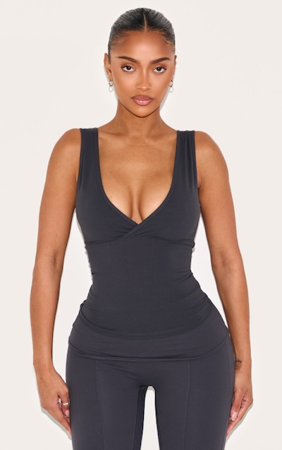 Shape Top de sport long en Sculpt gris anthracite à col en V croisé