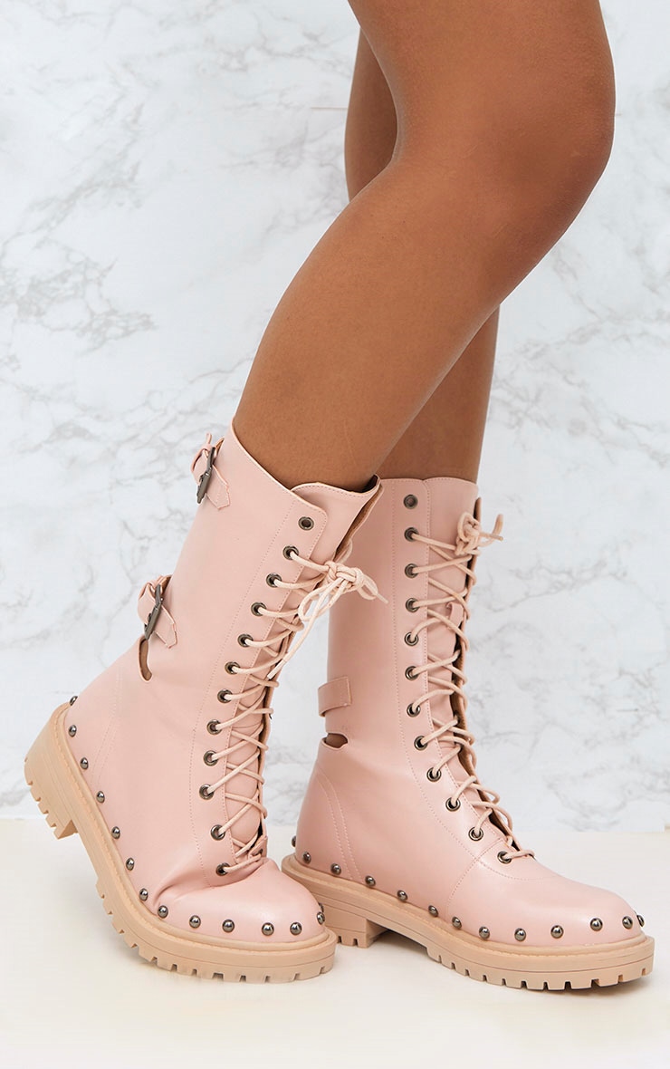 Baby Pink Chunky Hard Wear Lace Up Ankle Boots