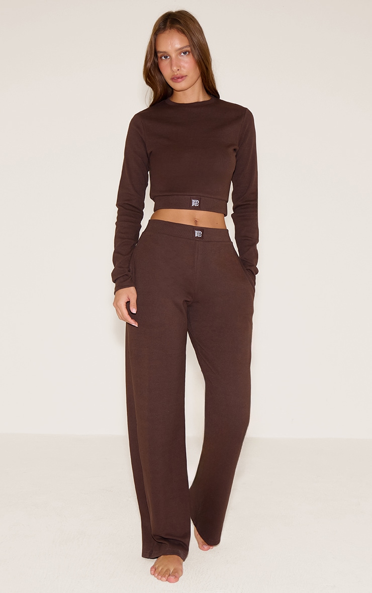 PrettyLittleThing Top de pyjama tonal élastique chocolat à manches longues image 3