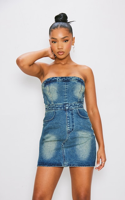 Mini robe bustier en jean bleu indigo délavé à détail zip