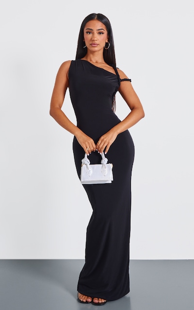 Petite Robe longue moulante noire à épaule torsadée