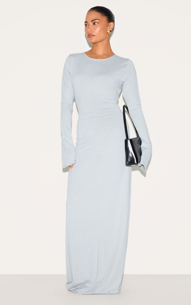 Petite Ash Grey Slinky Seam Detail Flared Sleeve Maxi Dress image 3