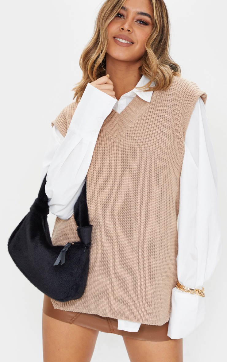 Image of Black Double Knot Faux Fur Shoulder Bag, Black