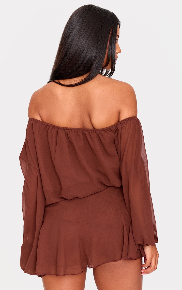 Chocolate Chiffon One Shoulder Floaty Detail Skort Playsuit image 2