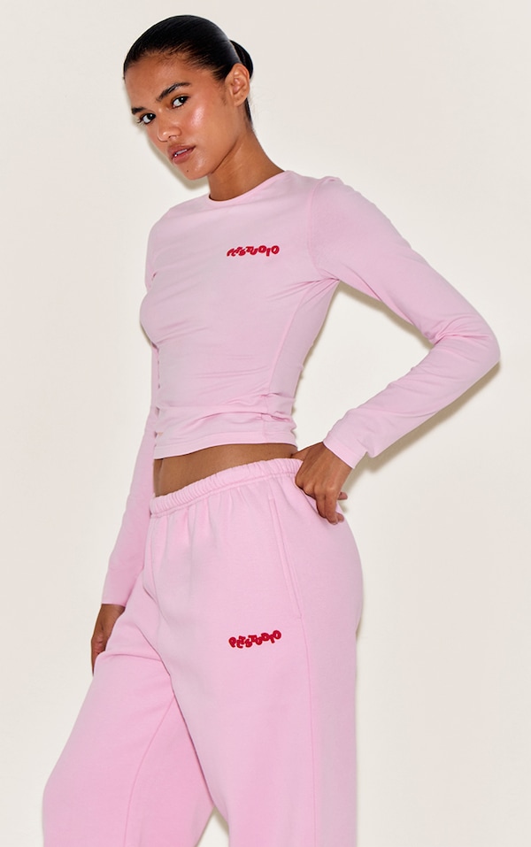 Pink Plt Studio Puff Print Cotton Long Sleeve Crop Top