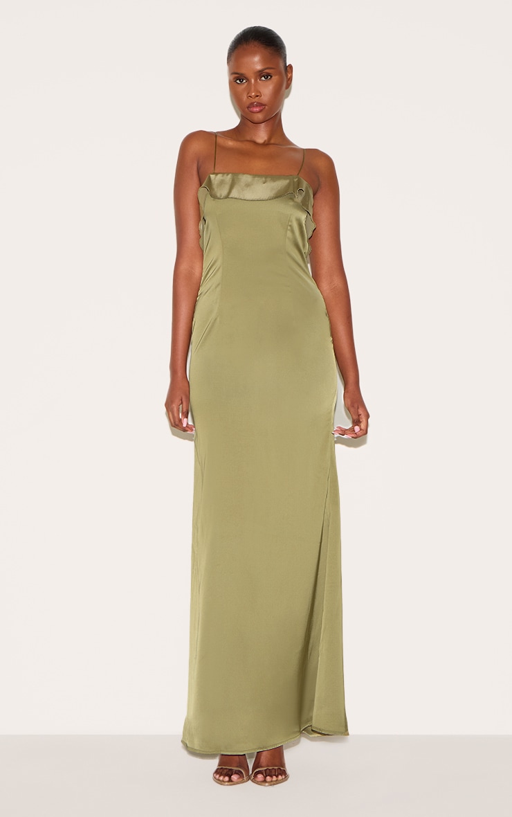 Sage Green Satin Draped Frill Back Detail Maxi Dress image 2