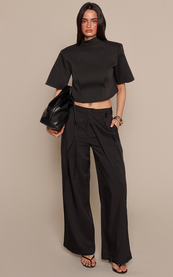 Black Woven Pleated Drape Panel Wide Leg Pants