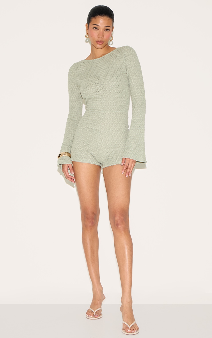 Combishort moulant en jersey texturé sauge à manches longues et découpe dans le dos image 3
