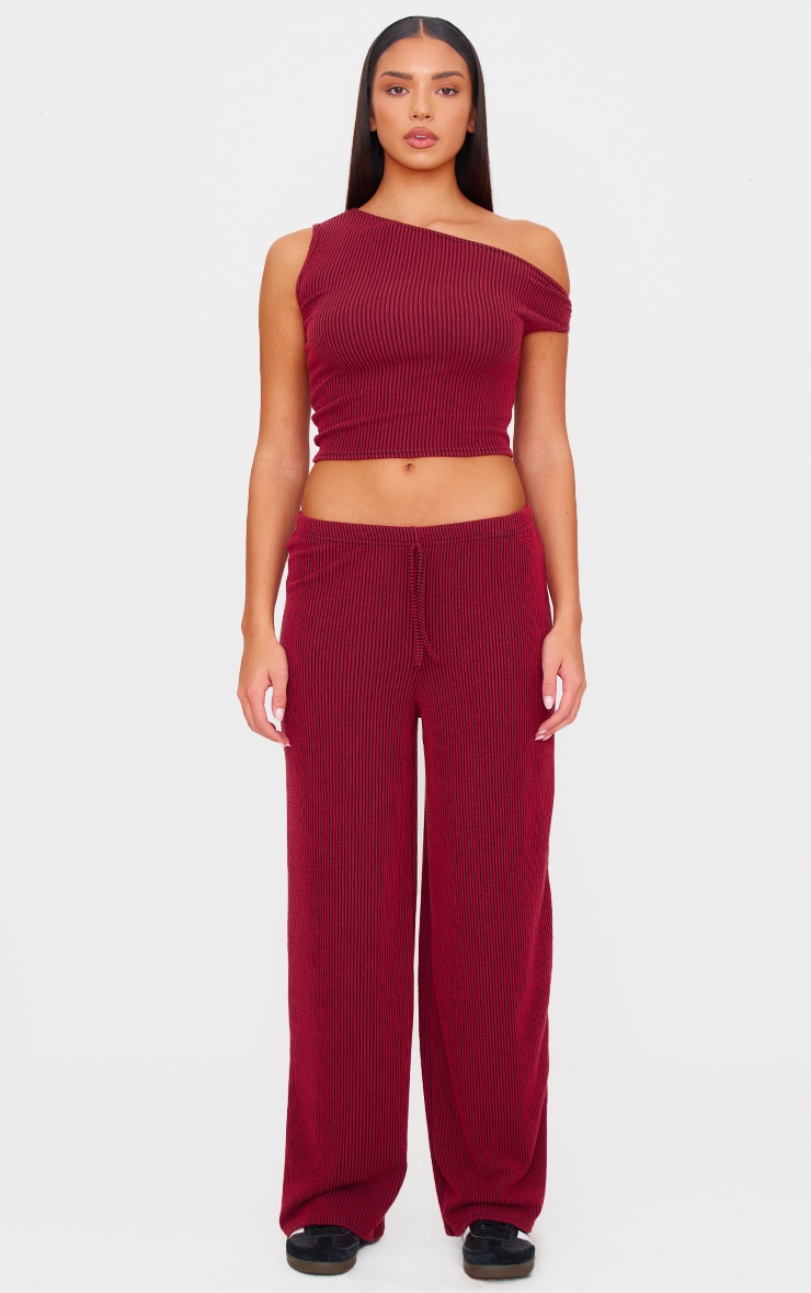 Burgundy Two Tone Crinkle Rib Slouchy Fit Pants image 1