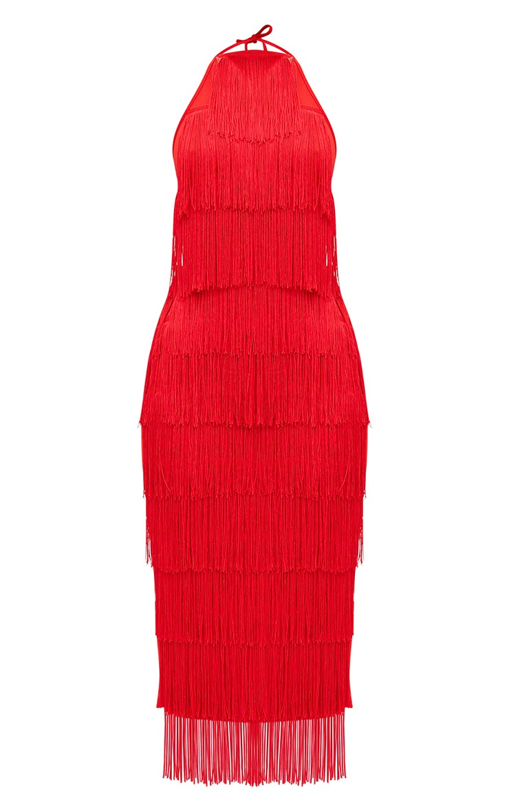 Red Tassel Halterneck Midi Dress Shop the range of Dresses now at PrettyLittleThing; Express