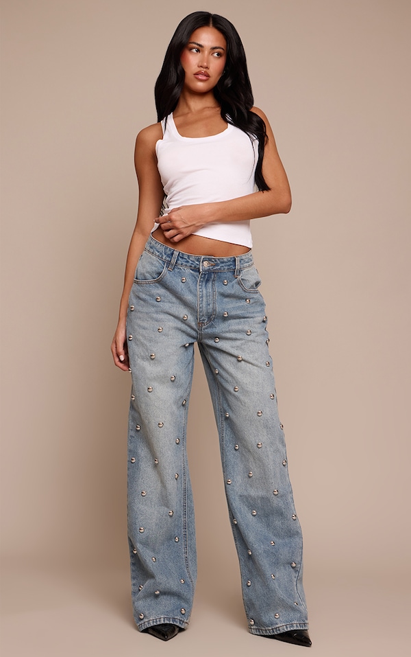 Mid Blue Dome Stud High Waisted Denim Jeans