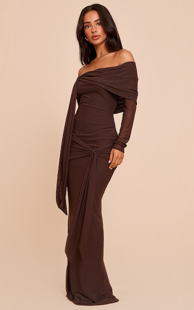 Petite Chocolate Asymmetric Long Sleeve Bardot Maxi Dress
