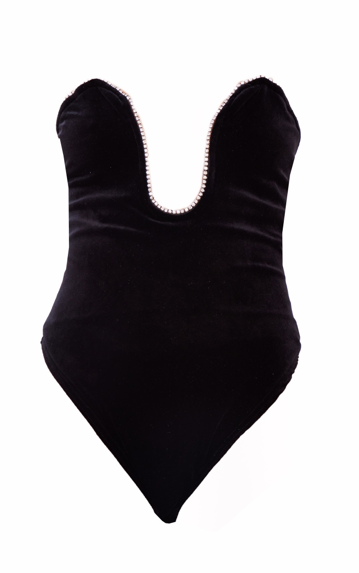 Tall Black Velour Bodysuit With Diamante Detailing PrettyLittleThing USA