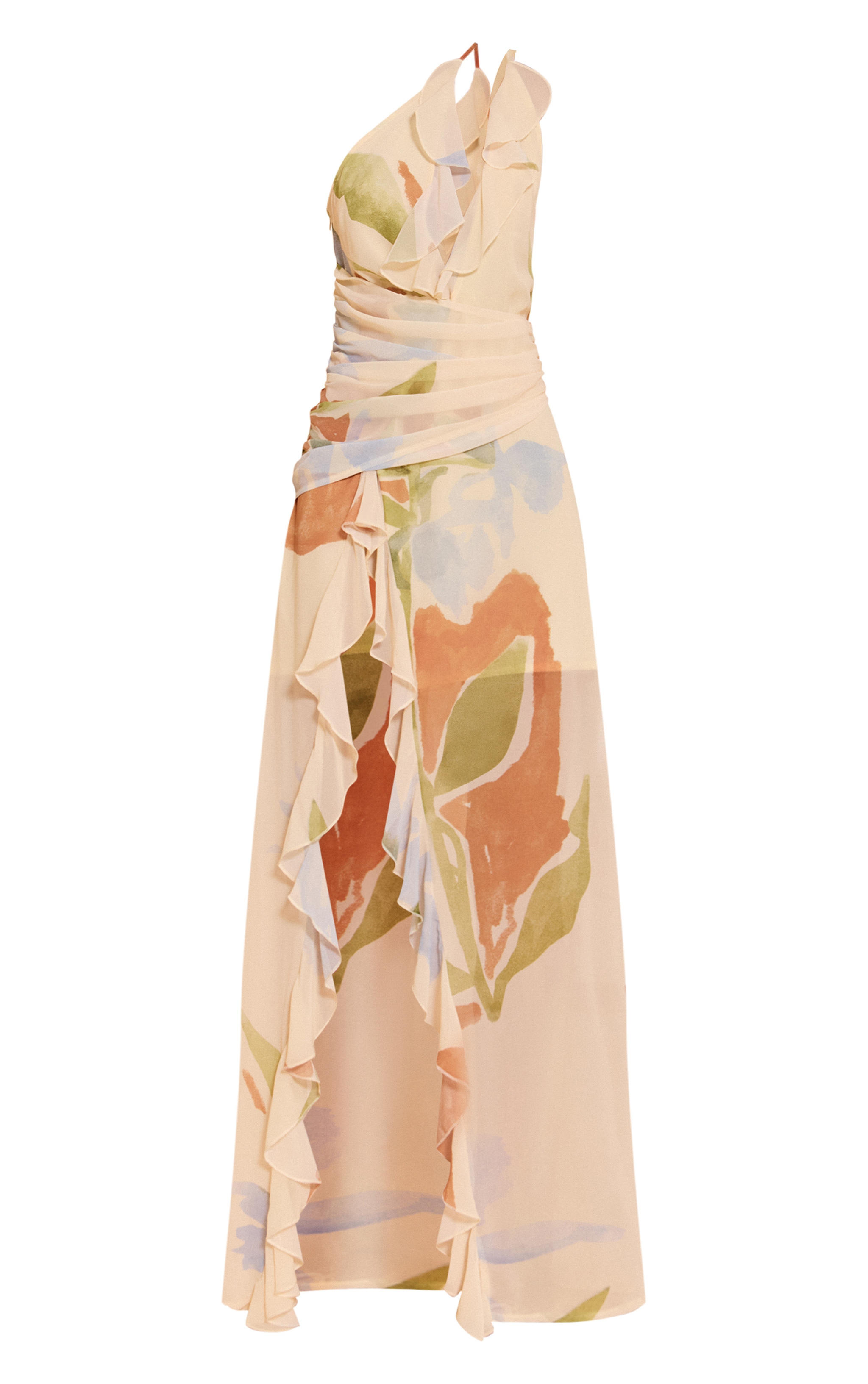 Robe longue en mousseline de soie crème fleurie volantée à décolleté et bretelles fines image 5