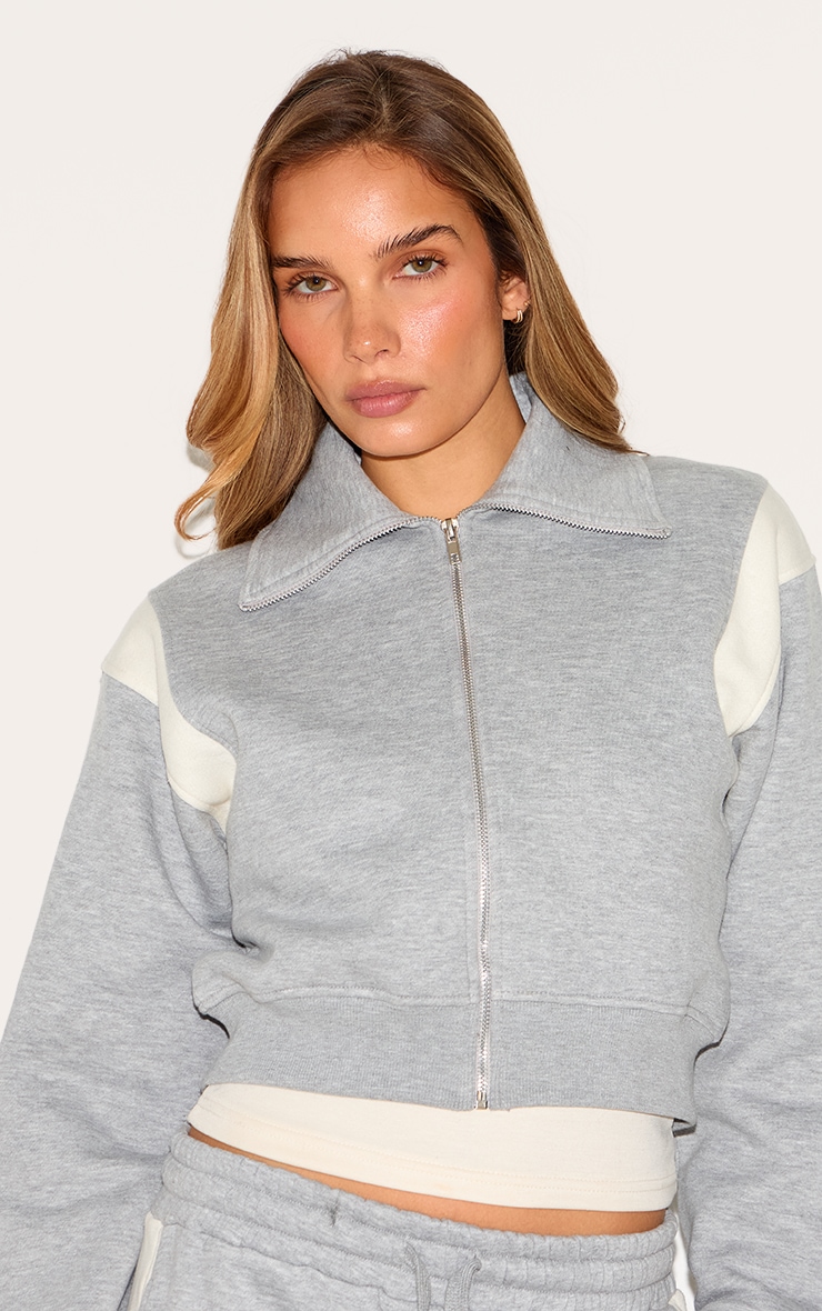Ash Grey Contrast Panel Zip Through Collared Sweatshirt image 4