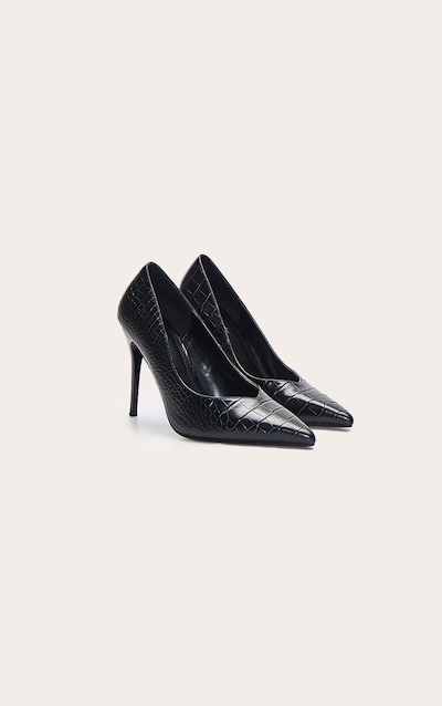 Black PU Croc V Cut Court Shoe
