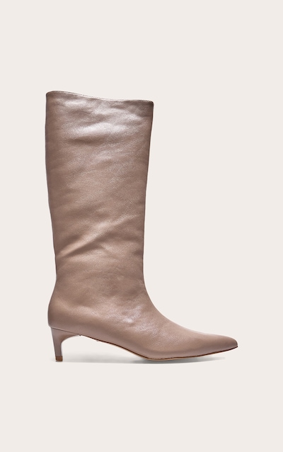 Mushroom PU Point Toe Low Stiletto Knee High Heeled Boots