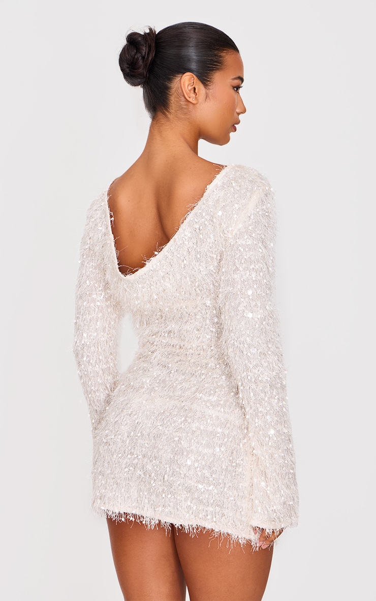 White Textured Eyelash Long Sleeve Cowl Back Bodycon Dress image 2