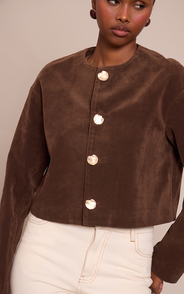 Chocolate Round Neck Gold Button Suede Jacket