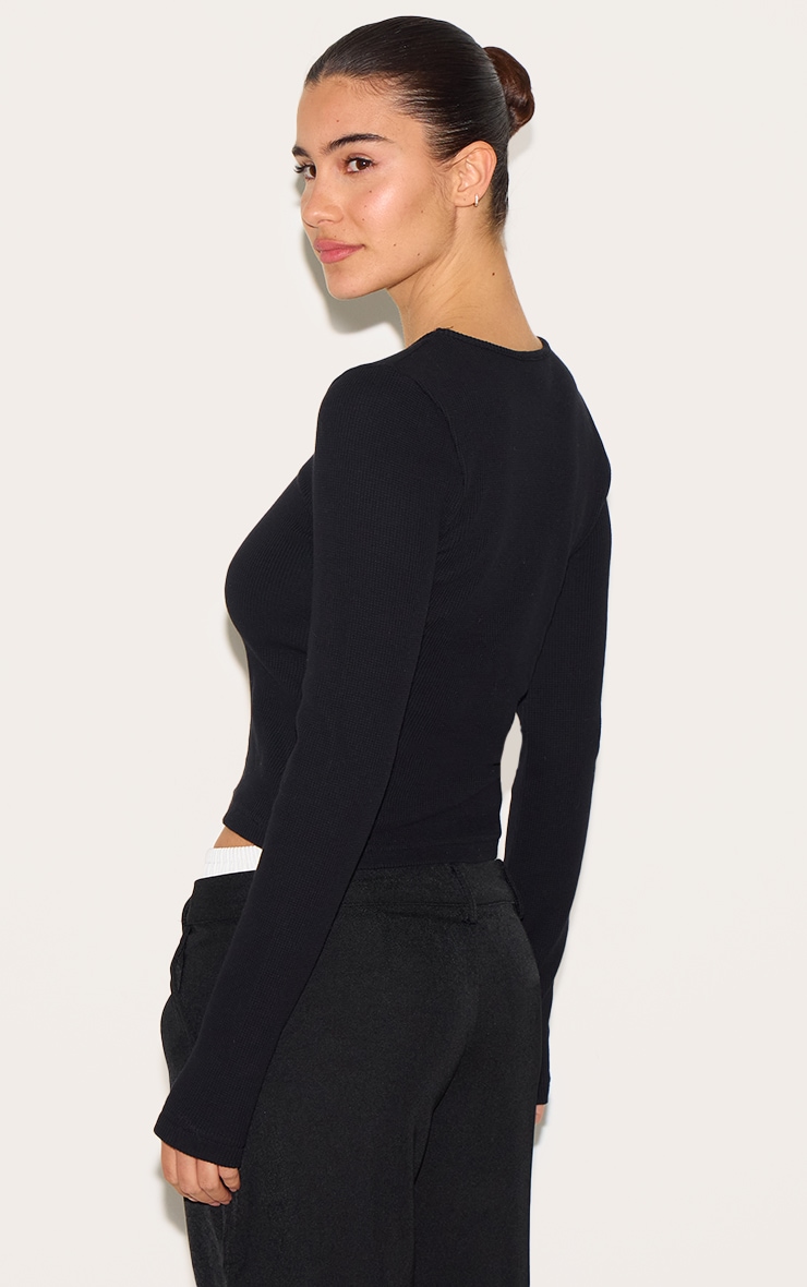 Black Waffle Button Up Long Sleeve Top image 2